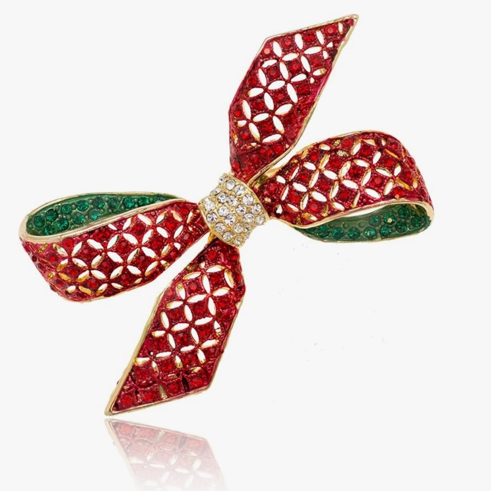 Gold-tone Crystal Holiday Red Ribbon Bow Brooch Pin